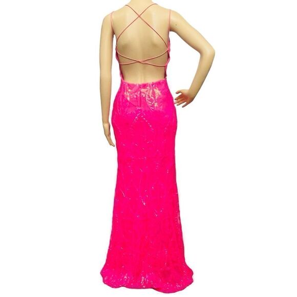 B. Darlin Pink Dress Pattern Sequin V-Neck Spaghetti Straps Maxi Gown 3-4 - Picture 8 of 16